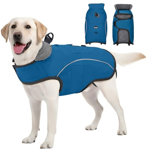 Eyein Hundemantel Winter, Wasserdichter & Winddichter Warm Fleece Hundejacke mit D-Ring und Tasche, Reflektierende Winterweste mit verstellbarem Hals- und Brustbereich für Große Hunde, Blau, XXL