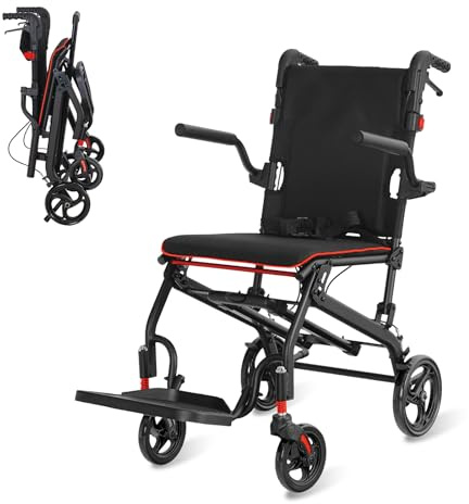 AEVITAL Rollstuhl Faltbar Leicht Transportrollstuhl Aluminium Klappbar Rollstühle Schmaler Rollstuhl Ergonomisches Design, kompakt für Reisen und Wohnung, Belastbarkeit 136 kg (Schwarz)