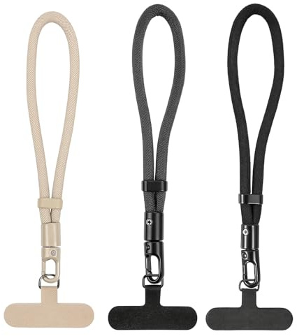 BrKern Handschlaufe für Handy, 3er Set - Kurze Handykette fürs Handgelenk mit Diebstahlschutz, Universales Handyband Sicherung als Schlüsselband für AirPods, Schwarz/Beige/Dunkelgrau