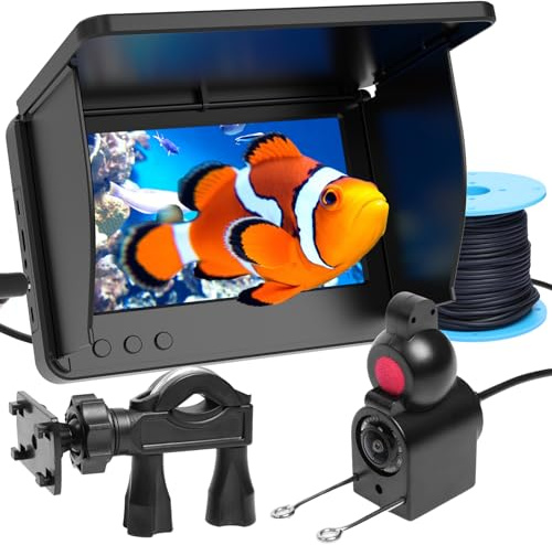 Underwater Fishing Camera with 5 IPS Monitor, 1000TVL, 178° Wide-Angle, IP68 Waterproof, 12 IR Night Vision, 98ft Cable, 8000mAh Battery—Fish Finder Video System for Ice, Lake, River & Boat