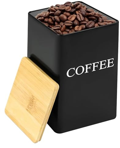 HAOWYYUU Kaffeedose Luftdicht 500g, Kaffeebohnen Behälter, Kaffeebehälter mit Holzdeckel, Vorratsbehälter für Tee, Nüsse, Kakao - Schwarz