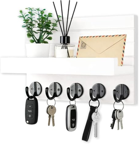 unbholkk Schlüsselbrett mit Ablage, Wandregal Schwarz Dekoratives mit 5 Schlüsselhaken, Schlüsselkasten Wohnungs Zubehör für Home Decoration, Schlafzimmer Deko, Wohnzimmer (Weiß)