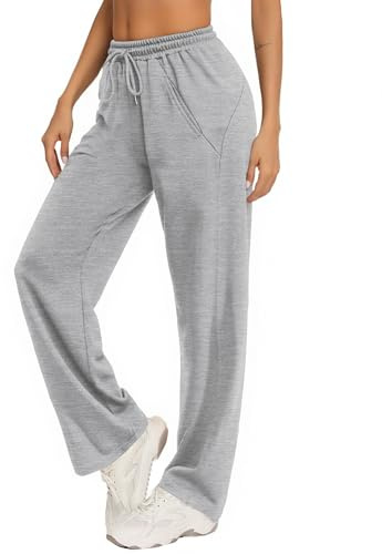 Litherday Långa Baggy Joggingbyxor för Kvinnor i Bomull med Elastisk Midja Sportbyxor för Yoga, Fitness och Fritid med Löcker, Ljusgrå, XXL