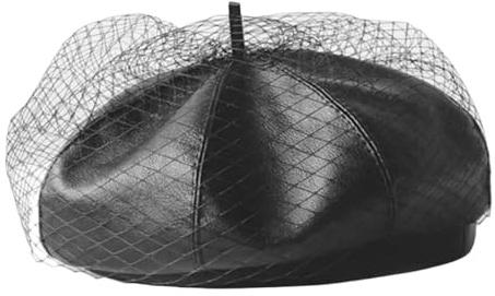 JZTDYPP Beret Femme Chapeau d'artiste Noir Fascinant pour l'hiver, Béret Chic en Cuir avec Voile en Double Couche, Bonnet Chaud pour Femme