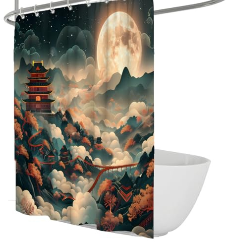 Chinese Style Shower Curtain Moon Palace Mountain-Top Pavilion Pattern Bathroom Shower Curtains Set with Hooks Waterproof Fabric 60 x 78 inch