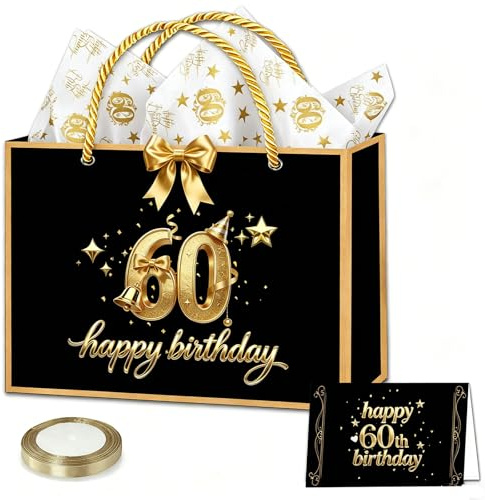 Schwarz Gold Geschenktüten 60.Geburtstag,28x20x10cm Mittel Geschenktaschen mit 3Seidenpapier+1Karten+1Satinband,WiederVerwenden,Tüten mit Griffen für Männer Frau Geburtstag Geschenkverpackung Deko
