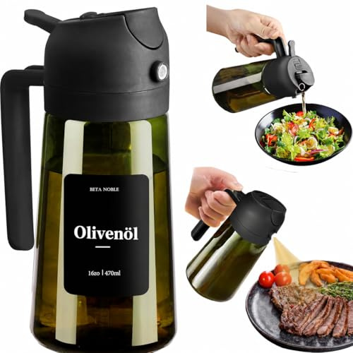 BETA NOBLE Ölsprüher zum Kochen,2 in 1 Öl Sprühflasche, 470ml Glas-ölspray für airfryer zum Kochen mit Aufklebern, lebensmittelechte Premium-Sprühflasche für Salate, Braten, Grillen (Schwarz)
