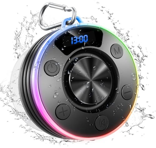Shower Speaker Bluetooth 5.4, Portable Speaker with LED Light, 8Hrs Playtime, Stereo Bass, Carabiner, Built-in Mic, IPX7 Waterproof Mini Speakers with Suction Cup for Bathroom, Outdoor, Party, Travel