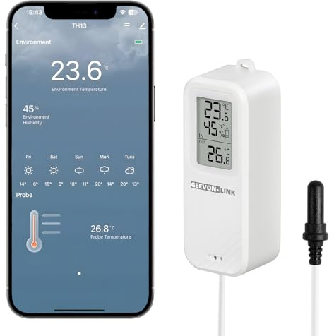 GEEVON-LINK WiFi Refrigerator Thermometer Hygrometer with Alarm, Freezer Temperature with Probe, Wireless Digital Fridge Thermometer Humidity Sensor, Free Data Export for Home Kitchen Fridge Tub (1)