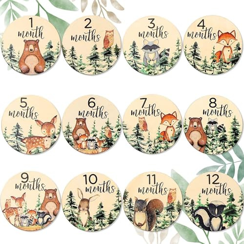 Niuhong 12 Pcs Meilensteinkarten Baby Holz 1-12 Monate Mit Tiermuster Neugeborene Babyshower Monatskarten Werdende Deko Erinnerung Babygeschenk Geschenk Geburt Babyparty Schwangere (A)