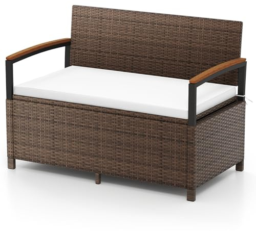 RELAX4LIFE 2-in-1 Patio Storage Bench, 175L Capacity PE Rattan Garden Bench Park Chair Seat with Padded Cushion & Protective Liner, 2-Seater Outdoor Wicker Loveseat Deck Storage Box