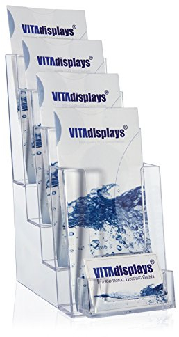 Prospektständer, LA-141 Flyerständer, Flyerhalter DIN Lang (DL) A6 mit 4 Etagen und extra Visitenkartenhalter