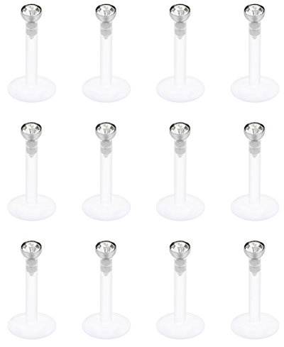 SCERRING 12PCS 16G 2mm Clear CZ Internally Threaded Labret Monroe Lip Ring Tragus Nail Helix Earring Stud Piercing Jewelry Clear Acrylic Bioflex Bar Length 8mm