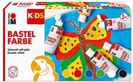 Marabu 0304000000001 - Kids Set 6x 80 ml Bastelfarbe für Kinder ab 3 Jahre, parabenfrei, vegan, gut deckend, schnell trocknend auf Papier, Holz, Stein, auswaschbar aus den meisten Textilien bei 30°
