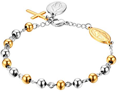 JewelryWe Schmuck Rosenkranz Armband Edelstahl Jungfrau Maria Katholischen Heiligen Gottes Mutter Kreuz Anhänger Perle Kugelkette Armreif Armkette für Herren Damen Silber/Gold/Silbergold