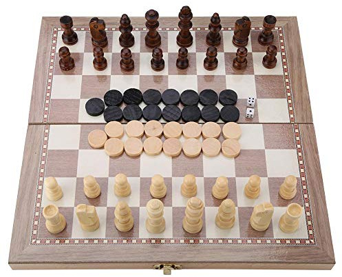 Hölzernes Schachspiel, 3-in-1 Schach und Dame und Backgammon Faltschach Brettspielspiele, Tragbare Holz Schachbrett