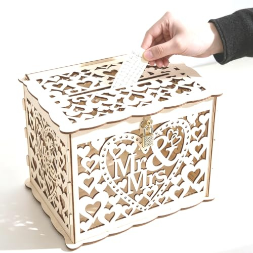 Wooden Wedding Card Box, Wedding Gift Card Money Post Box Holder Rustic Wooden Letter Envelop Boxes with Lock and Slot for Reception Anniversary Birthday Party Parties