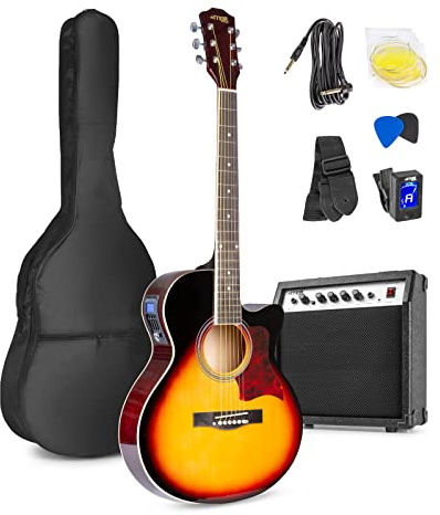 Sunburst Beginner Electric Acoustic Guitar Starter Kit - Complete Electro Acoustic Package With 40W Amp, Built-in LED Tuner & EQ, Ideal For Learners With Gig Bag, Tuner & Accessories