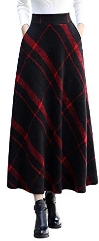 Damen Lange Rock Elegant Wollrock Winterrock Warm Plaid Casual Party Maxirock Hohe Taille A-Linie röcke Retro Elastische Taille Faltenrock 12 -M
