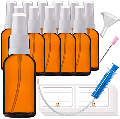 HandsUnity 30ml-12pcs de Flacon Pulvérisateur en Verre - Flacons en Verre Ambré de Pharmacie avec Flacon Pulvérisateur en Verre Atomiseur Blanc en Verre Brun comprenant 29 Accessoires