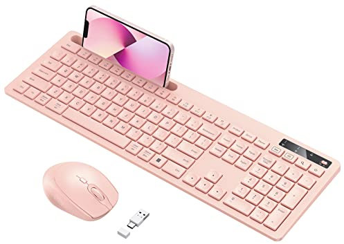 Vivefox Teclado inalámbrico y mouse para MacBook, teclado inalámbrico rosa rosa con soporte para teléfono, receptor USB A y tipo C, combo de tamaño completo para Mac, MacBook/Air/Pro Windows PC