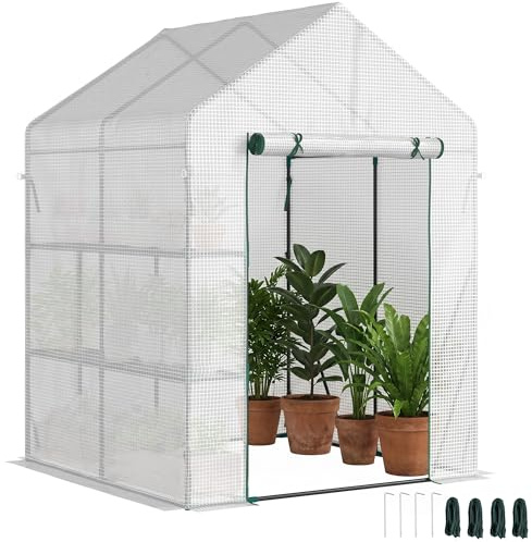Outsunny Folieväxthus gångbart växthus med 4 hyllplan, tomatväxthus, drivhus, tidig bänk med trädgårdsdörrar, vit, stål, PE-plast, 143 x 143 x 195 cm