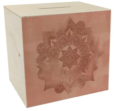 Mandalamuster Spardose aus Holz in rot als Geschenkidee für Liebhaber von Mandalas und Goa um auf einen Herzenswunsch zu sparen