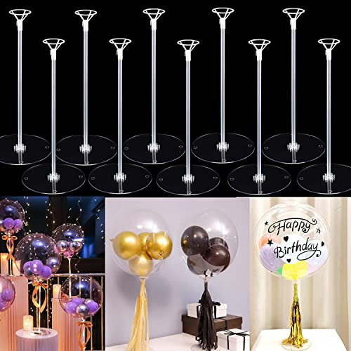 Balloon Sticks with Base, 10 Pack 17Tall Clear Balloon Stick Stands Holder for Table Top Centerpieces for 10 to 24 inch Balloons Banquet Decor for Birthday /Wedding / Thanksgiving /Bridal Shower Party