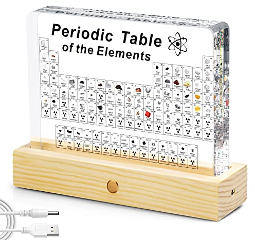 Jeebel Tableau Périodique des Éléments Réels, Tableau Periodique en Acrylique de Lampe Table LED avec Élément Vrai pour Outil Enseignement/Affichage Elements Chimiques pour Enseignant Étudiant Enfant