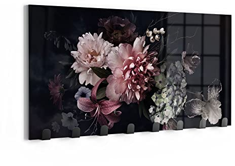DEQORI Wandgarderobe Glas & Metall | Motiv Blühende Pracht | 60x30 cm | Design Haken-Leiste modern | Garderoben-Paneel für Flur, Wohnzimmer & Schlafzimmer | magnetisch & beschreibbar
