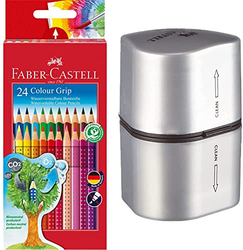 Faber-Castell 112424 - Farbstifte Colour Grip 2001, 24 Stück im Kartonetui & 183800 - Dosenspitzer Grip