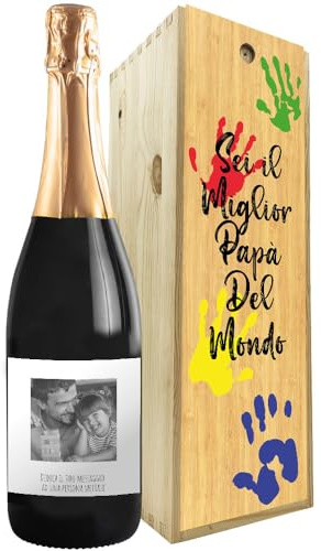 Regalo festa del papà - Prosecco DOC personalizzato e cassa legno - Idea regalo uomo, festa del Nonno, compleanno papà (Mani, Foto e dedica)