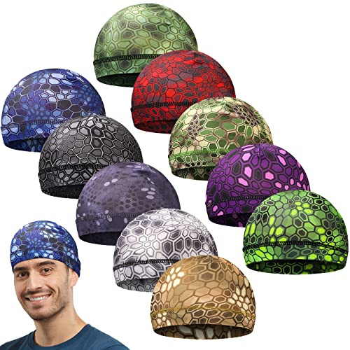 Tarpop 10 Pcs Men Skull Caps Cooling Welding Hard Helmet Liner Cycling Skull Caps Wicking Beanie Do Rag Head Wrap for Men(Popular Style) Multicolored