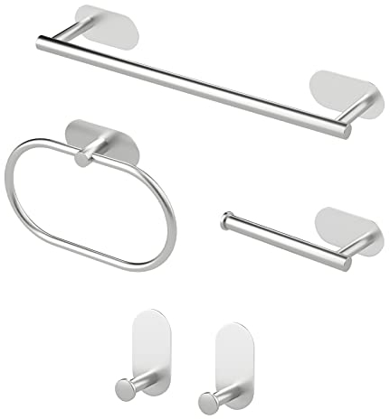 Sarsumir Accessori Bagno Set Di 5 - Porta Asciugamani Bagno Adesivo, Porta Carta Igienica, Anello Portasciugamani, Ganci Adesivi, Argento