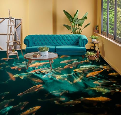 Bodendekorationsposter 3D-Bodentapeten mit Koi-Motiv, 200 x 140 cm Bodenfliesen Aufkleber Wohnzimmer Studie Bodenbelag Tapete, Epoxidharz