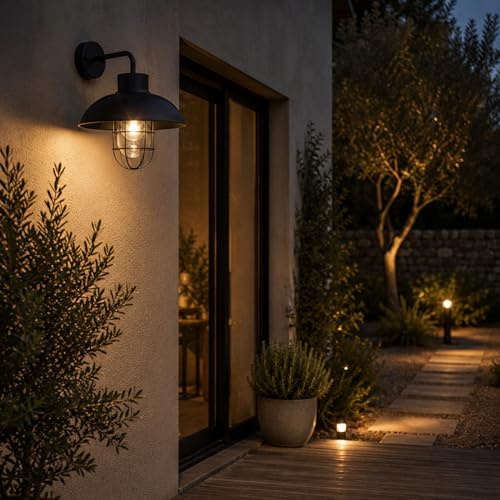 Lightbox Außen Wandlampe - 29 x 24 x 25 cm - schwarze Outdoor Wandleuchte | Außen Wandlampe - 29 x 24 x 25 cm - schwarze Outdoor Wandleuchte mit Glas Abdeckung & Gitter - hängend -