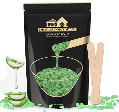 Lifestance 450g Wachsperlen mit 10 Holzspatel für Enthaarung, Aloe Green Wachs Haarentfernung Wachsperlen für Brazilian Waxing Ganzkörper Intim,Gesicht, Körper, Beine und Arme