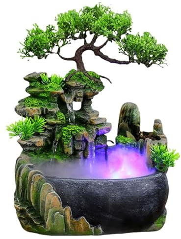 Fontana per interni con illuminazione a LED Fontana da tavolo Soggiorno Ufficio Cascata Desktop Bonsai Ornament Fontana Tavolo Cascata Fontana Scrivania con Piante Decorazione (con Nebbia)