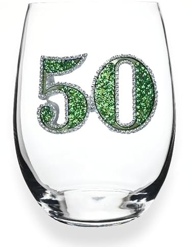 THE QUEENS' JEWELS 50th Birthday Jeweled Stemless Wine Glass, 21 oz. - Unique Gift for Women, Birthday, Cute, Fun, Not Painted, Decorated, Bling, Bedazzled, Rhinestone