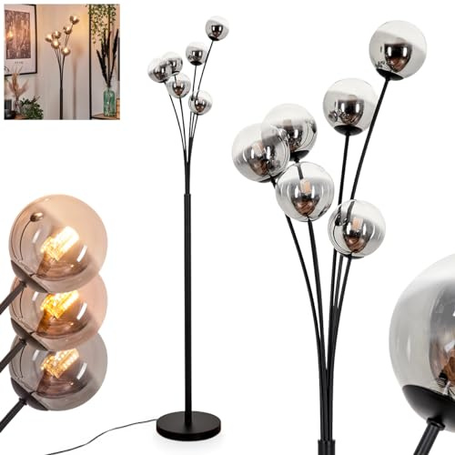 Stehleuchte Bernado, Stehlampe aus Metall/Glas in Schwarz/Rauchfarben/Klar, Leuchte im modernen Retro/Vintage-Design mit Schirmen aus Glas (Ø 10cm), dimmbar über Fußschalter, 6 x G9, ohne Leuchtmittel