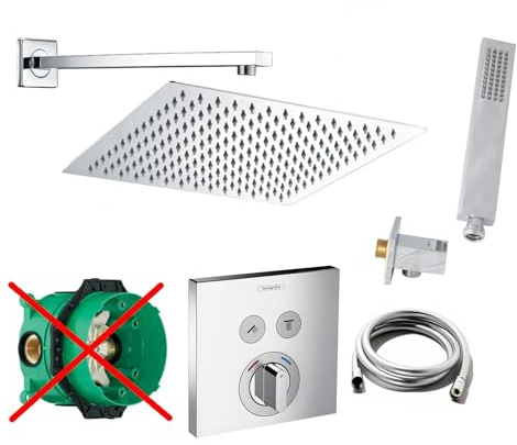 vanvilla Duschsystem Unterputz mit Duscharmatur Hansgrohe poliert HG14-ob | Duscharmatur von Hansgrohe Shower Select Armatur und vanvilla Regendusche Duschkopf eckig, Dusch-SET poliert