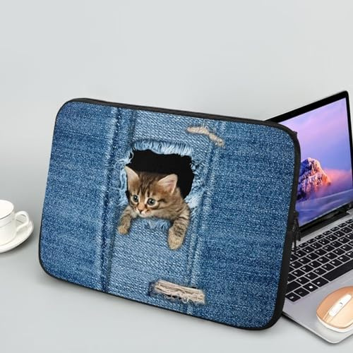Chririnla Blue Denim Pocket Cat Borsa per computer portatile protettivo, impermeabile, sottile, 10 pollici