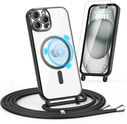 Noyabox HandyKette für iPhone 13 Pro Max Hülle mit Band, 1* Schutzfolie Magnetische Handyhülle für iPhone 13 Pro Max Necklace Schnur Schutzhülle mit Kordel zum Umhängen Case, Schwarz
