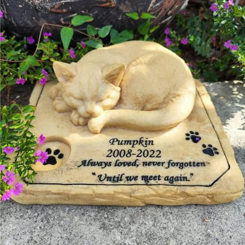 JHB Personalisierte Katzen Gedenksteine mit Kerzenlöchern, lasergravierte 3D-Statue Schlafende Katze, Wasserdicht Katze Grabstein, Katzengrabstein, Katzen-Grabstein, Katzen-Andenken Haustier-Grabstein