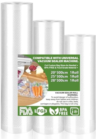 Vakuumbeutel für Lebensmittel, 3 Stück, Rolle für Lebensmittel, geeignet für alle Vakuummaschinen, zum Aufbewahren von Lebensmitteln und zum Kochen, BPA-frei (28/25/20 x 300 cm)