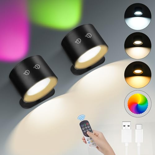 HOTUT Wandleuchte Innen,2 Stück Wandlampe mit RGB-Ambiente-Beleuchtung mit Fernbedienung,Akku Wandlampe,360° Drehbare Touch Control Wandlampen,Kabellos Leselampe für Wohnzimmer, Schlafzimmer-Schwarz