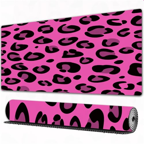 EOMKSE Mauspad Verlängertes großes Mauspad Schreibtischauflage,genähte Kanten Mauspad,Gummibasis,Pink, Leopard Tierhaut Muster im abstrakten Stil,Gaming-Mauspad,40x75 cm
