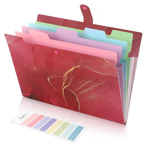 SKYDUE Ordnungsmappe A4, Mappe Mit Fächern, Dokumentenmappe Mit Etiketten, Postmappe Mappen Ordnersystem, Fächermappe Für Zuhause, Büro, Schule Und Auf Reisen (Marmorrot)