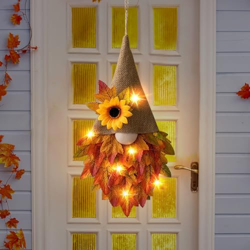 Türkranz Herbst, Herbstkranz Gnom mit Lichterkette Herbst Deko Kranz Herbstkranz Haustür mit LED Licht wichtel Herbstkränze WandKranz Türkranz Außen Herbstdeko Innen für Haustür Wand (1pc)