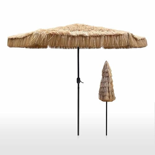 MDXVRKYBC Strandsonnenschirm Stroh Sonnenschirm Ø 270 cm Gartenschirm Balkonschirm Mit Kurbel, UV50+ UV-beständig Terrassenschirm Für Strand, Pool, Patio, Camping, Ohne Ständer